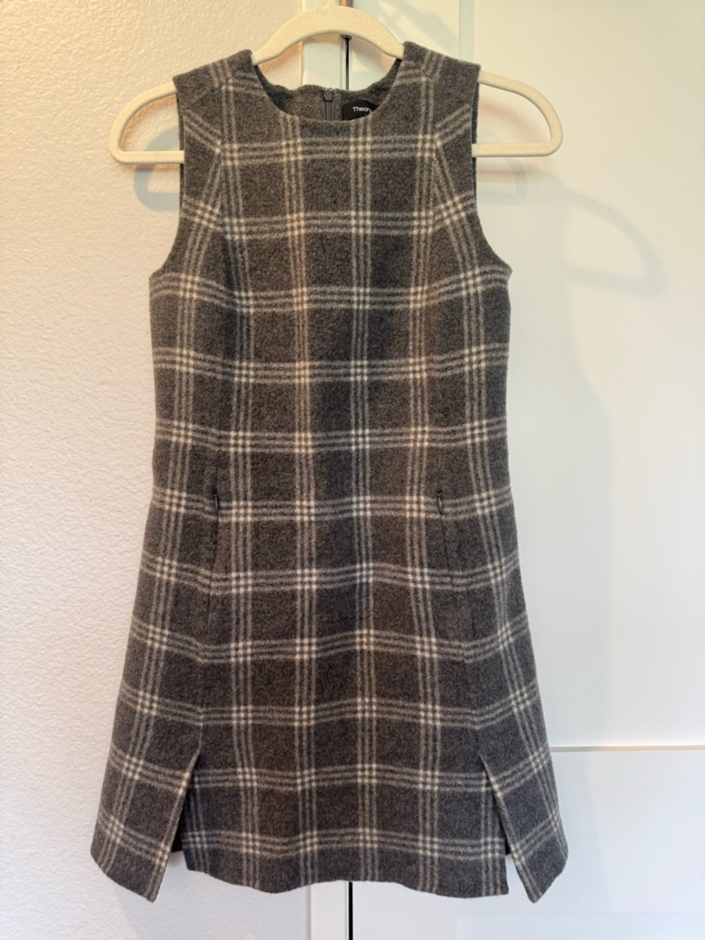 Theory Vent Front Shift Plaid Wool Dress